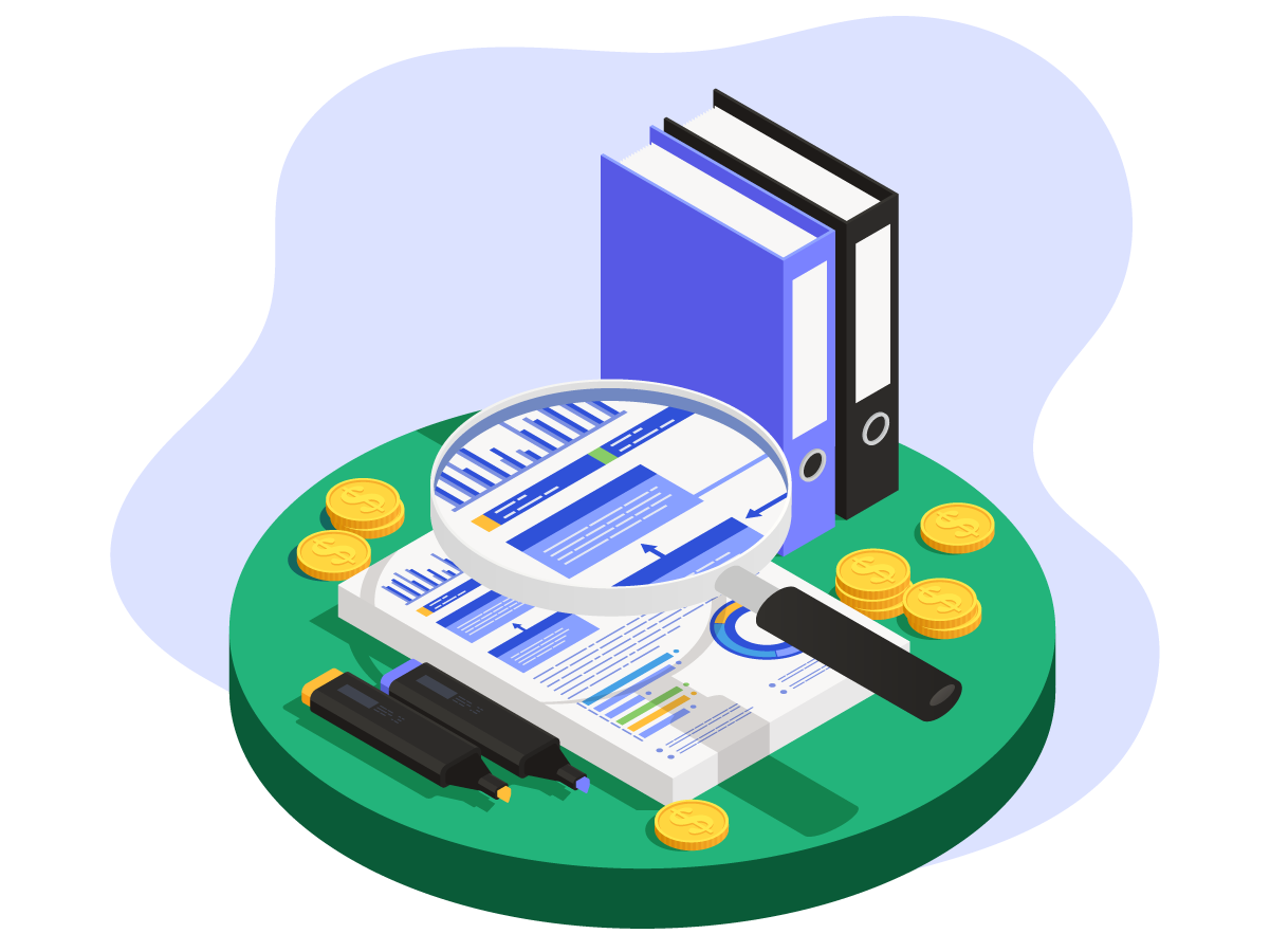 Illustration of organized financial reports, folders, and bookkeeping tools