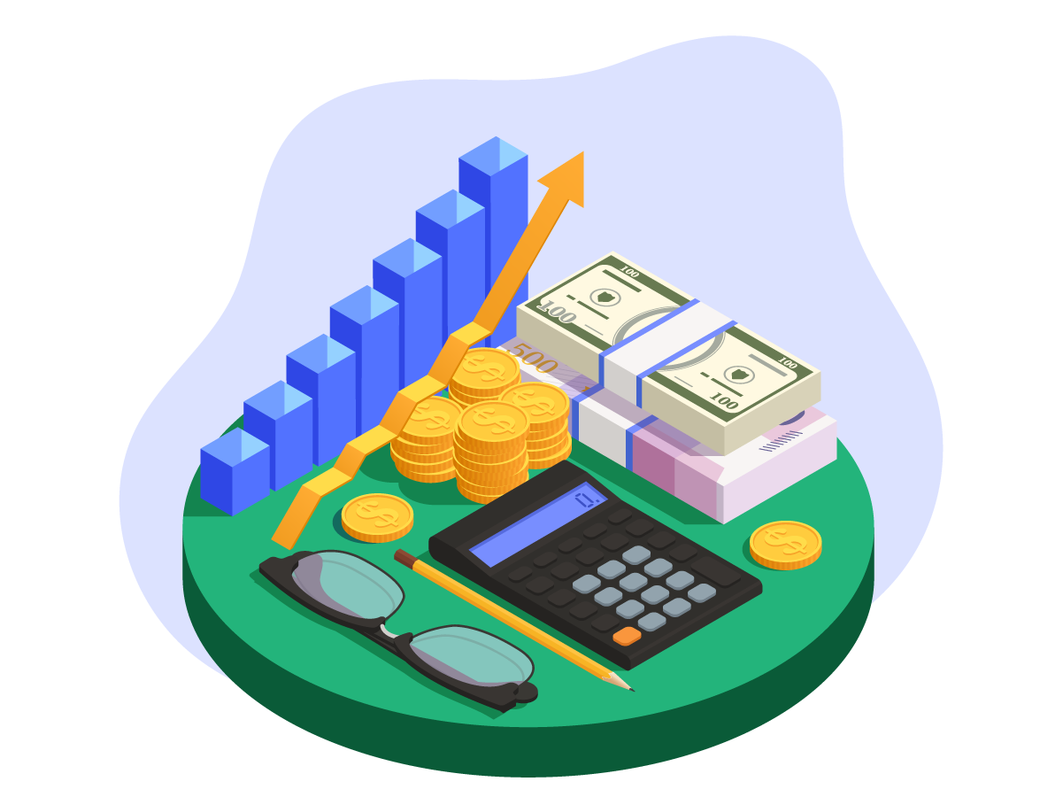 Illustration of budgeting reports, charts, a calculator, and financial planning