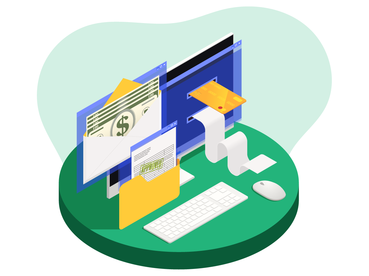 Illustration of payroll software, money, and payment processing